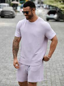 Manfinity Homme Ensemble de t-shirt décontracté pour homme de grande taille à unicolore avec manches courtes et short à cordon de serrage, été