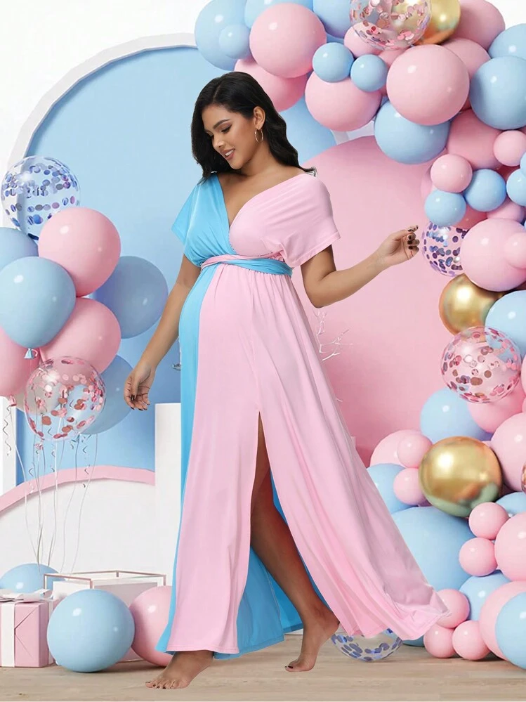 half pink half blue maternity dress Blue and Pink Maternity Dress