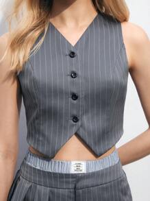 Maija Women's Summer Casual Striped Sleeveless Button-Front Cropped Shirt - Grey - View 6