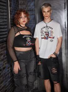 Harley Quinn X SHEIN Parte superior ajustada de malla con estampado de retrato de dibujos animados y graffiti, de estilo avant-garde, sexy y de punk oscuro, para tallas grandes - Negro - Ver 5