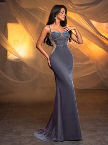 Glamrae Elegant Gradient Knitted Slim Strap Bra Cup With Rhinestone Decoration Side Cutouts Sexy See-Through Sheer Fabric High-Waist Cinched Mermaid Dress With Long Train, Perfect For Graduation Season, Wedding Season, Vacation, Singles Party And Evening Events