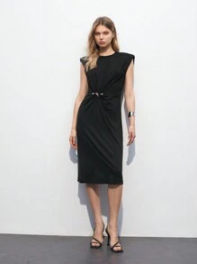 Maija Women's Summer Fashion Metal Decorated Twist Waist Wide-Shouldered Dress