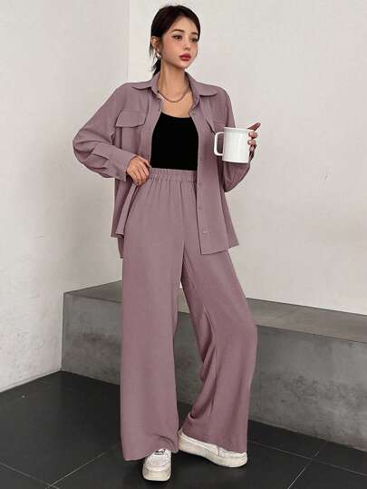 DAZY Women's Spring/Summer Casual Solid Color Long Sleeve Shirt And Pants Two Pieces Set,Fall Clothes Lounge Sets For Women