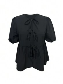 Pariaura Solid Color Casual Pleated Lapel Tie-Front Puff Sleeve Women's Shirt Peplum Top - Black - View 4