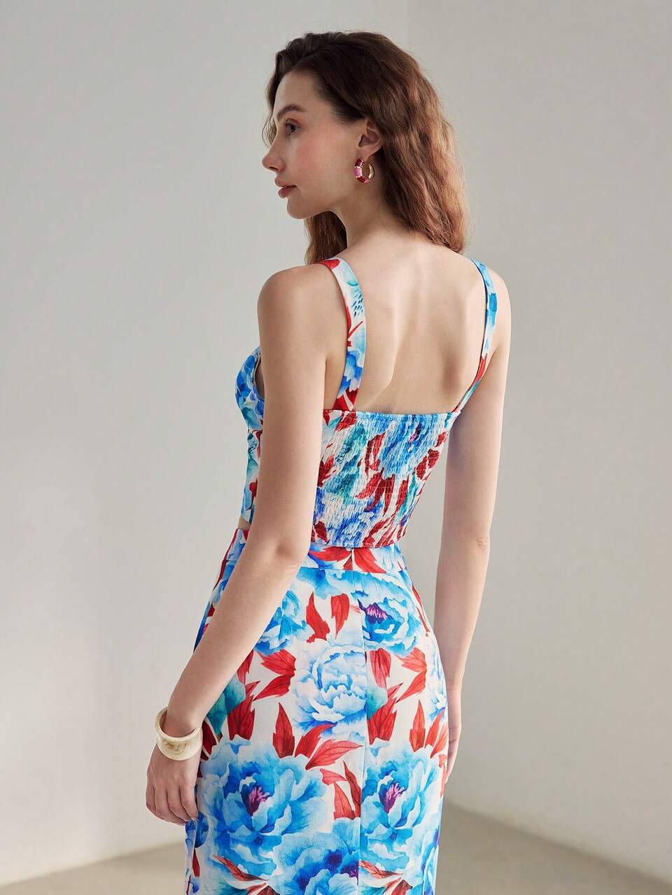 FLORAL PRINT SHIRRED BACK BUSTIER CAMI TOP