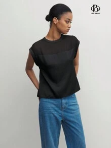 BizChic Women's Summer Solid Color Round Neck Mesh Contrast Batwing Short Sleeve Loose Shirt