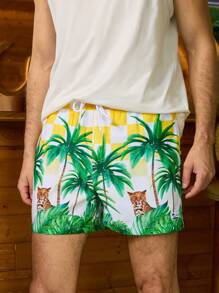 Surfspeed Herren Beach Shorts mit Palmen- und Leoparden Muster und Binde-Taille für lockere Passform im Urlaub - Gelb - Übersicht 8