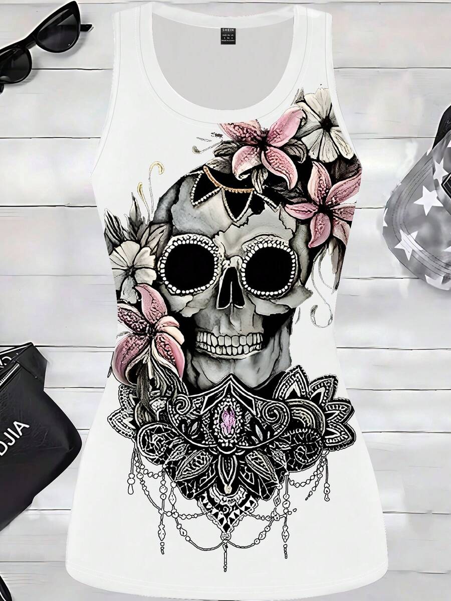 INAWLY 夏季無袖骷髏圖案庞克風女士上衣 - 白色 - 查看 1