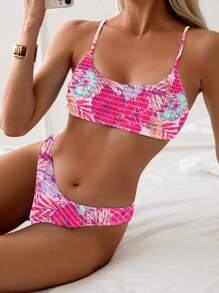 SHEIN Swim 夏季沙灘女性熱帶植物印花推薦性感比基尼套裝，隨機印花 - 彩色 - 查看 1