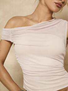 Glamine 女式夏季純色非對稱領口褶皺修身T恤