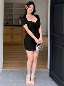 DAZY Đầm dự tiệc tay ngắn cạp cao eo cho nữ mùa hè, Đầm dự tiệc Milkmaid cho nữ, Đầm dự tiệc mini, Đầm dạ hội - màu đen - Xem 2
