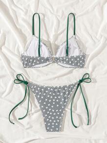 Swim Mod Ladies' Summer Beach Plaid Daisy Print Tie Triangle Bikini Set, Sexy Bikini Set, Printed Pattern Random - Black and White - View 2