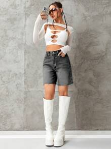 SHEIN EZwear 女款寬鬆伯米達牛仔短褲，附口袋 - 灰色 - 查看 5