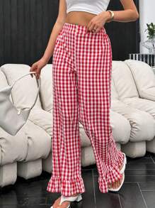 SHEIN Essnce Mùa hè dành cho nữ Quần kẻ sọc nhỏ có viền ruffle tươi mát với họa tiết kẻ sọc màu đỏ và trắng - Đỏ và trắng - Xem 1