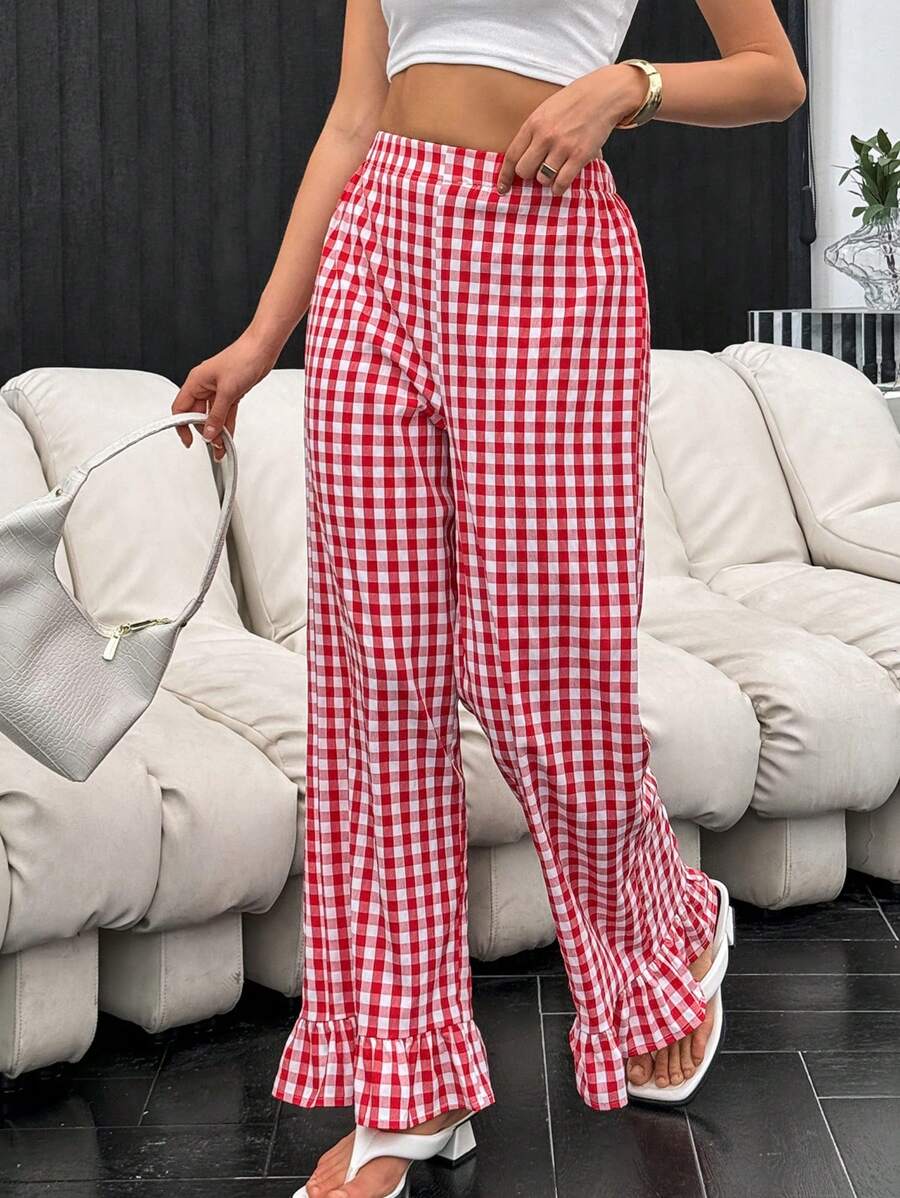 SHEIN Essnce Mùa hè dành cho nữ Quần kẻ sọc nhỏ có viền ruffle tươi mát với họa tiết kẻ sọc màu đỏ và trắng - Đỏ và trắng - Xem 1