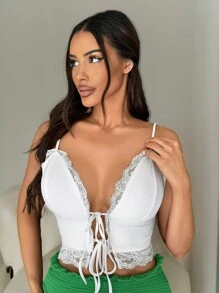 SHEIN SXY 女士鉤花花邊綁帶度假背心上衣 - 白色 - 查看 1