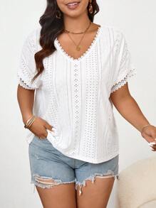 SHEIN Frenchy Spring/Summer Casual Texture V-Neck Lace-Up Plus Size T-Shirt