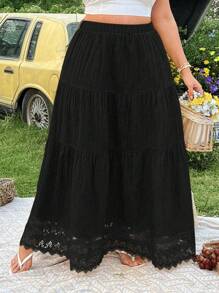 SHEIN LUNE Plus Size Women's Solid Color Simple Daily Contrast Lace Skirt - Black - View 3