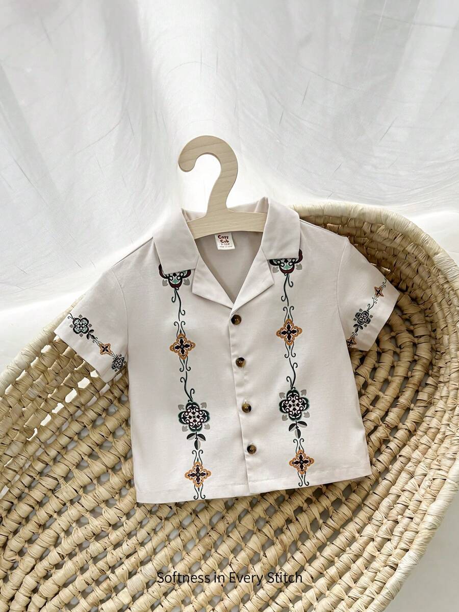 Cozy Pixies 嬰兒男孩休閒花紋短袖針織開衫，翻領款式