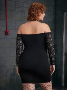 Harley Quinn X SHEIN 大尺碼女式哥德龐克風格性感黑色卡通小丑夫妻印花對比花邊修身露肩連身裙 - 黑色 - 查看 3