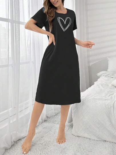 Minimalist Heart Printed Sleep Pajama Dress, Moo view 4