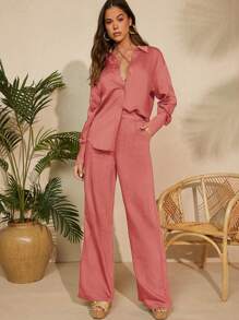 SHEIN Unity Crop Top & Wide Leg Pants & Shirt Set - Rust Brown - View 7