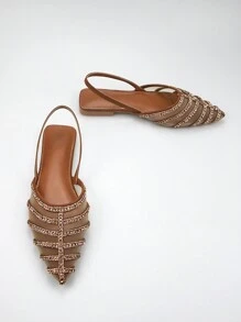 Zapatos planos elegantes y cómodos para uso diario y fiestas, con punta puntiaguda, adornados con cristales, de gamuza marrón con forro de malla, para mujer en otoño/invierno