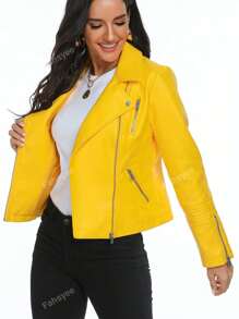 Women's Solid Color Collar Zip Design Casual Long Sleeve Jacket