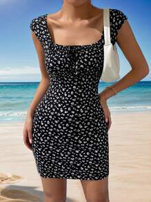 Muchica 碎花前打結胸部褶皺緊身連衣裙 - 黑色 - 查看 8