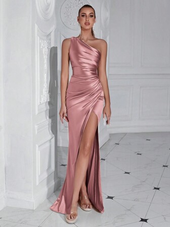 ADYCE 单肩褶饰开叉大腿鸡尾酒会返校节缎面长裙