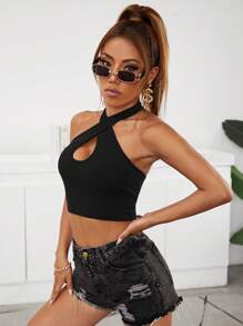 SHEIN ICON Low Back Criss Cross Halter Top - Black - View 3