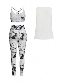 Easify SHEIN Sport Printed Loose Vest + Black Cross Back Tight Camisole + Printed Skinny Pants 3pcs/Setwomen Workout Set Women Leggings Set
