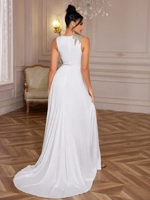 Elisanya 高级优雅3D立体花朵高开衩晚礼服 白色正式舞会婚礼宾客礼服，毕业典礼、晚宴礼服 - 白色 - 查看 3