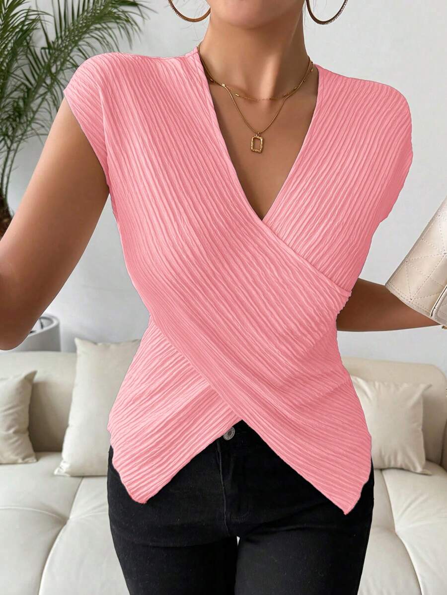 Chiquease Women's Simple Texture Crossed Shirt, Summer - Pink - View 1