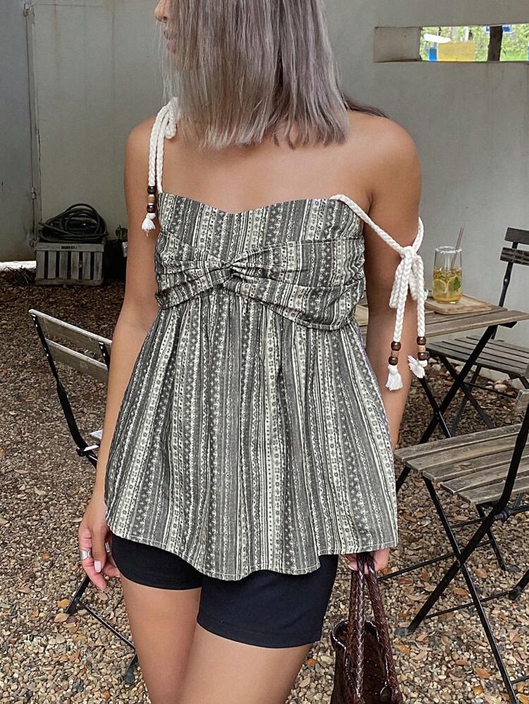 Ladies' Tie-Shoulder Pleated Summer Top, Perfect For Resort Wear Boho, Ruffle Babydoll Top