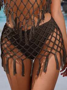 Summer Women's Solid Color Simple Daily Hollow Out Cover Up - Coffee Brown - View 5
