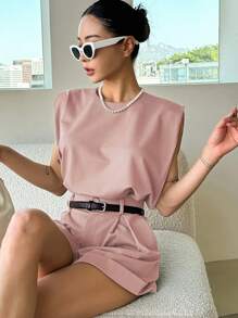 DAZY Bộ đồ hai mảnh màu trơn đơn giản dành cho nữ mặc hàng ngày và quần short - Hồng - Xem 4