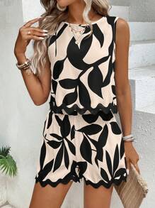 Calvaya Sleeveless Spliced Lace Hem Top And Shorts Set, Summer - Black - View 4