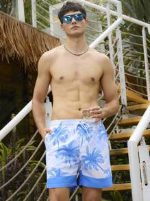 Surfspeed Men's Palm Tree Printed Drawstring Waist Loose Beach Shorts For Vacation - Baby Blue - View 5