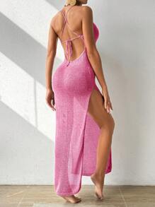 SHEIN Swim Áo choàng hở lưng màu trơn đơn giản mặc hàng ngày cho nữ mùa hè - Màu Hồng Tươi - Xem 1