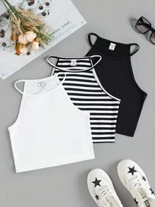 SHEIN Teen Girl Knitted Black And White Stripe Solid Color Casual Top 3pcs Set