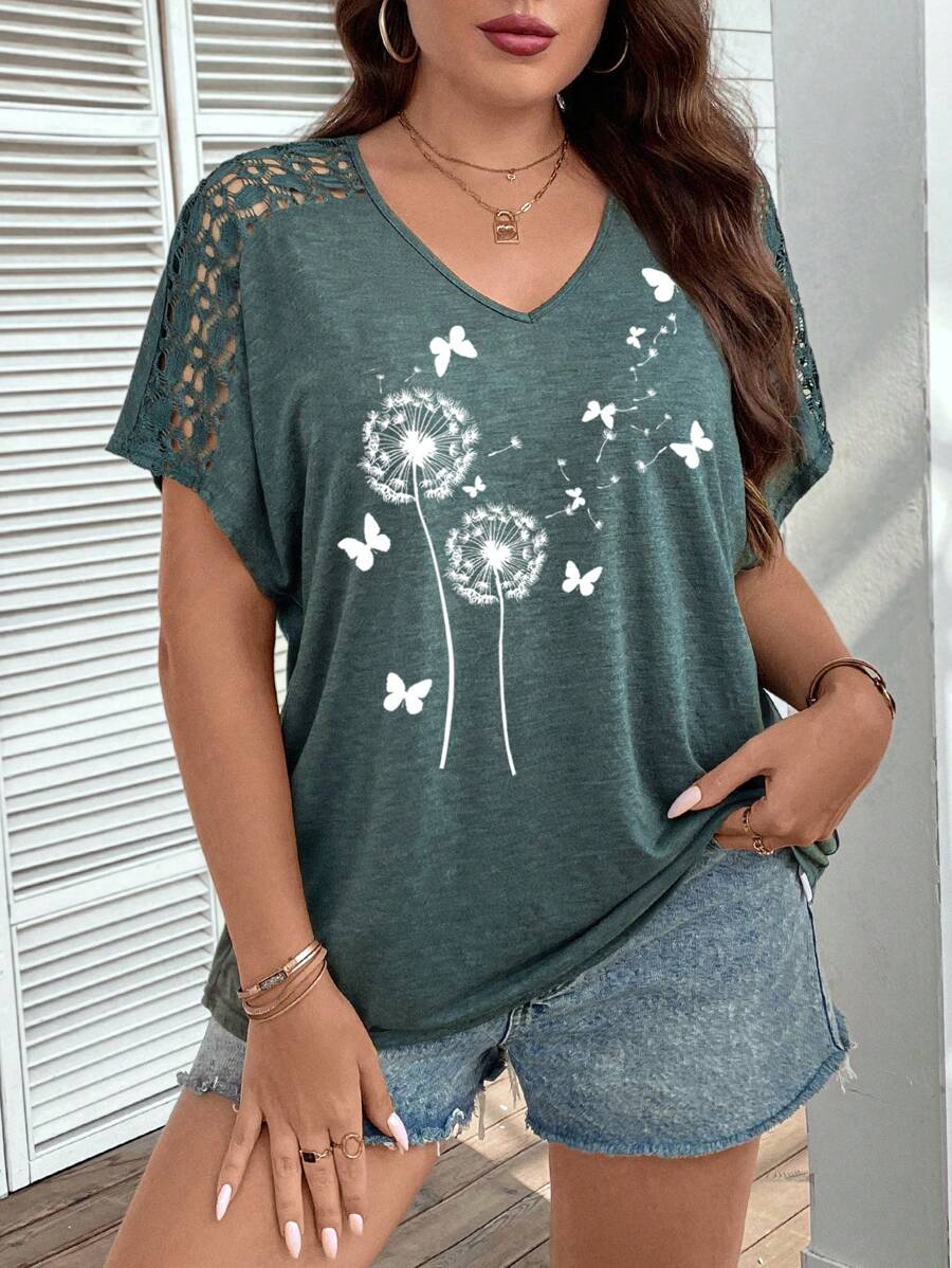 SHEIN LUNE Plus Size Women's Loose Fit V-Neck T-Shirt With Lace Shoulder And Dandelion Butterfly Print, Summer - Green - View 1