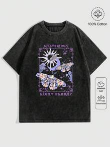 ROMWE Fairycore Women's Moth Sun And Moon Printed Random Snow Washed T-Shirt, School - Black - View 1