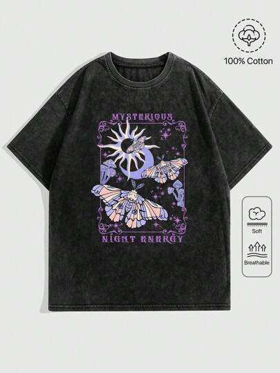 Fairycore T-shirt con stampa casuale di luna e sole, lavaggio effetto neve, per donna, adatta per la scuola