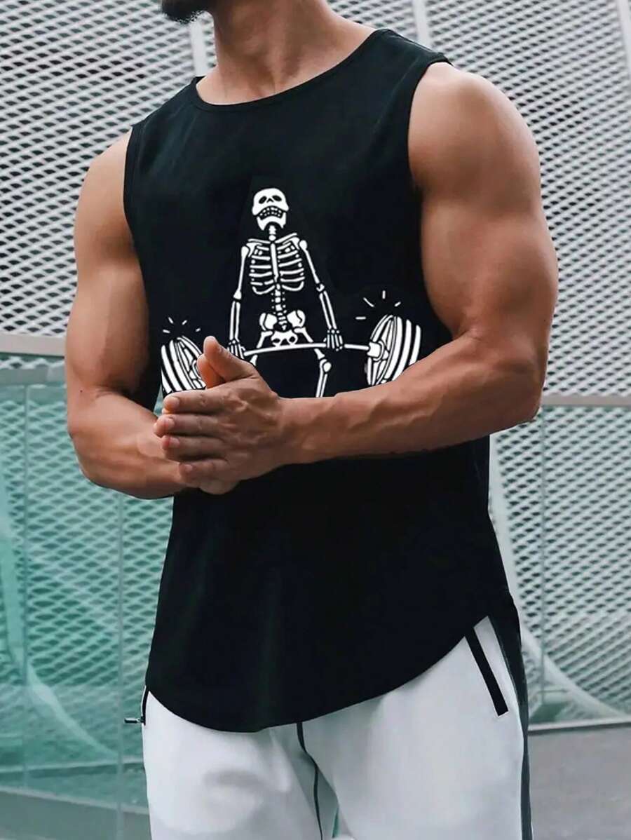 Manfinity LEGND 男士骷髅印花彩色图案休闲无袖运动背心 - 黑色 - 查看 1
