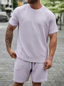 Manfinity Homme Ensemble de t-shirt décontracté pour homme de grande taille à unicolore avec manches courtes et short à cordon de serrage, été