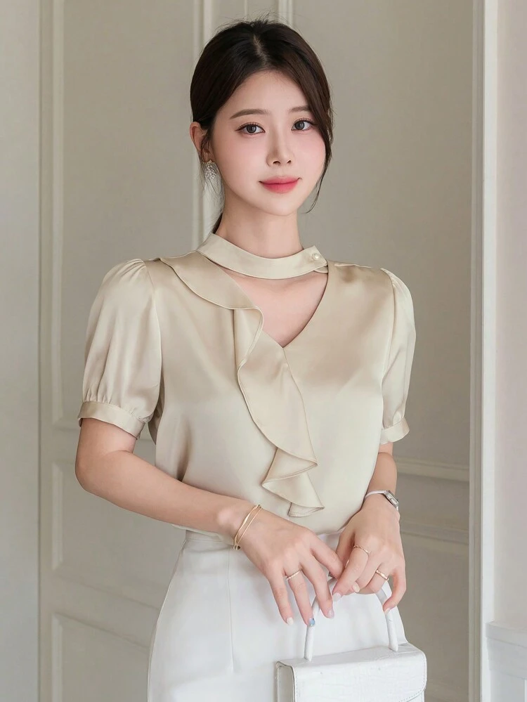 Women's Solid Color Simple Everyday Short Sleeve Shirt,Ruffle