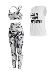 Easify SHEIN Sport Printed Loose Vest + Black Cross Back Tight Camisole + Printed Skinny Pants 3pcs/Setwomen Workout Set Women Leggings Set