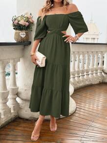 Rafferiza Ladies' Plain And Simple Short Sleeve Summer Casual Dress Maxi Women Outfit - Army Green - View 5