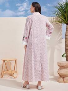 Al Najma 印花休闲日常长袖阿拉伯朴素连衣裙 - 粉色 - 查看 2